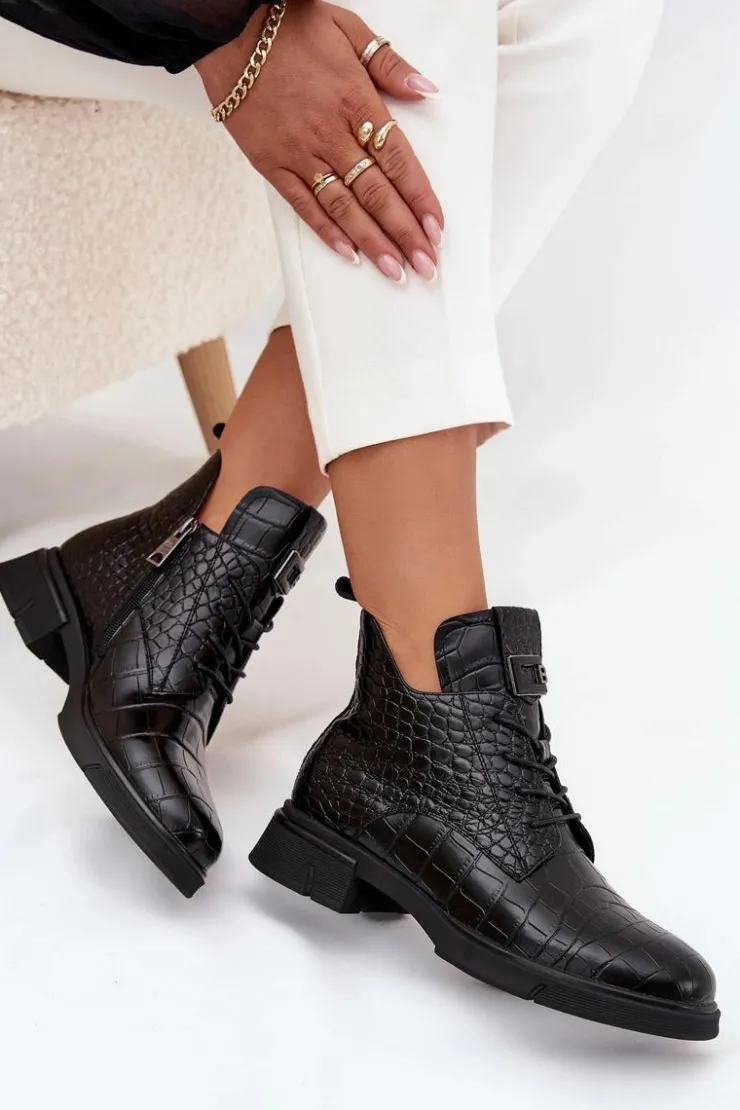 Best Buty damskie Vinceza Skórzane Botki Z Ozdobnym Tłoczeniem Ocieplane Vinceza 66815 Czarne