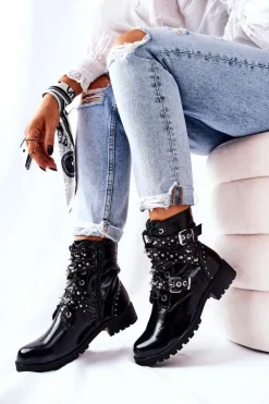 Boto Czarne Botki|Botki Zimowe Damskie*Skórzane Botki Z Paskami Czarne Kepherine