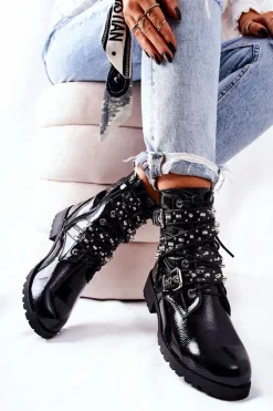 Boto Czarne Botki|Botki Zimowe Damskie*Skórzane Botki Z Paskami Czarne Kepherine