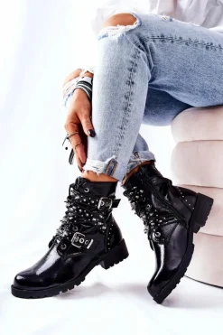 Boto Czarne Botki|Botki Zimowe Damskie*Skórzane Botki Z Paskami Czarne Kepherine