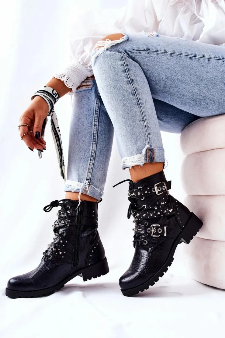 Damskie Boto Skórzane Botki Z Paskami Zwierzęcy Wzór Czarne Kepherine