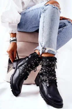 Damskie Boto Skórzane Botki Z Paskami Zwierzęcy Wzór Czarne Kepherine
