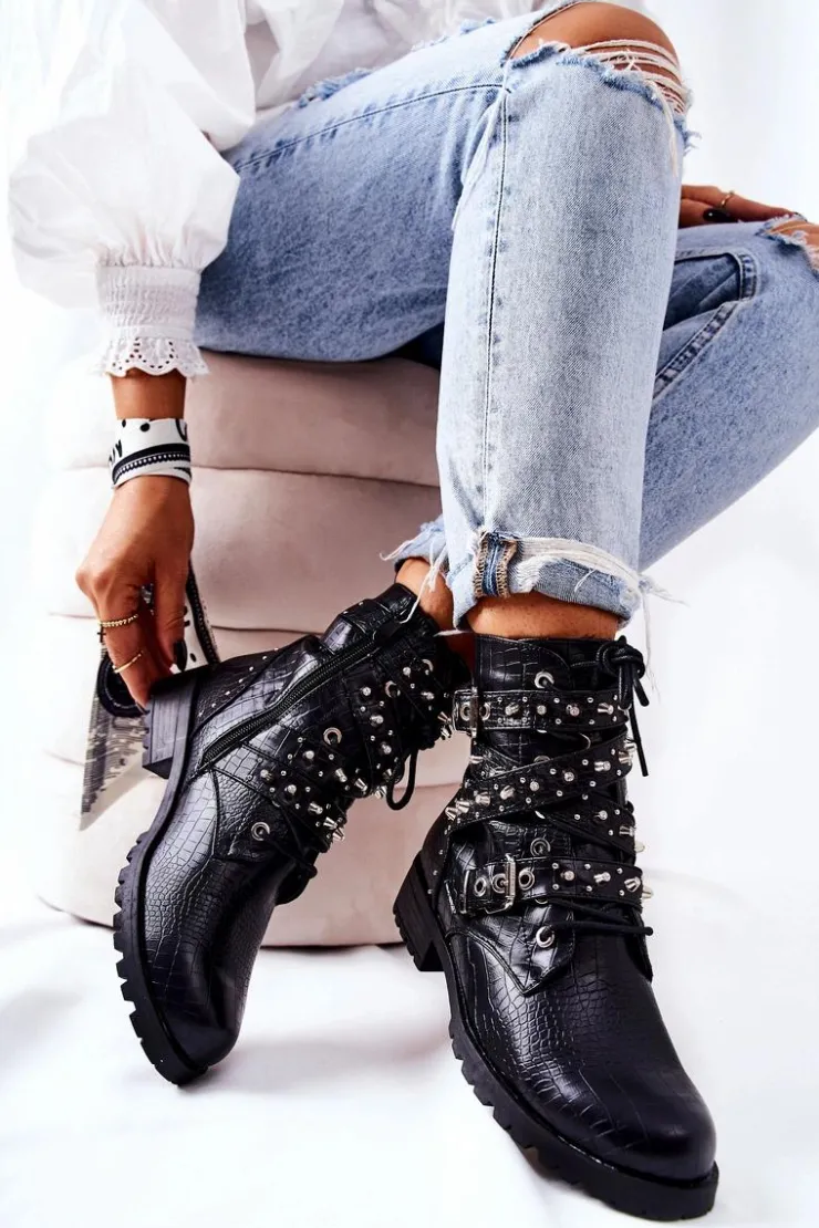 Damskie Boto Skórzane Botki Z Paskami Zwierzęcy Wzór Czarne Kepherine