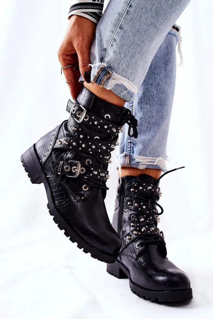 Damskie Boto Skórzane Botki Z Paskami Zwierzęcy Wzór Czarne Kepherine