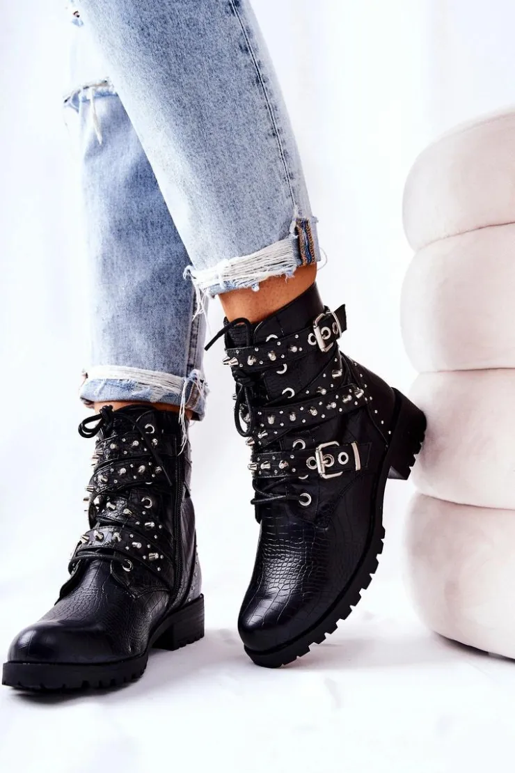 Damskie Boto Skórzane Botki Z Paskami Zwierzęcy Wzór Czarne Kepherine