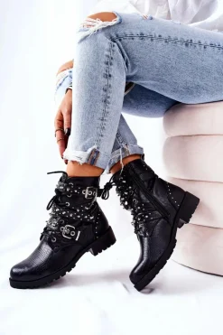 Damskie Boto Skórzane Botki Z Paskami Zwierzęcy Wzór Czarne Kepherine