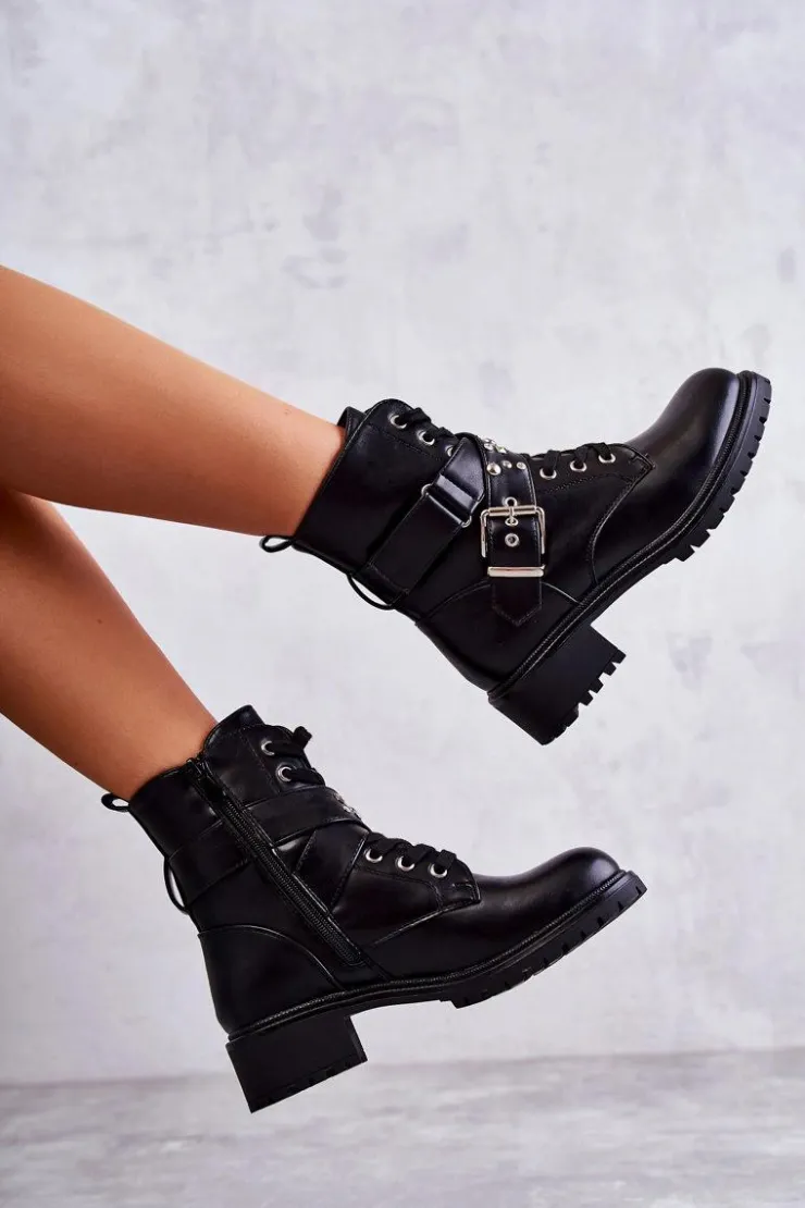 Boto Botki Sznurowane|Czarne Botki*Skórzane Botki Z Paskiem I Ćwiekami Czarne Lanelly