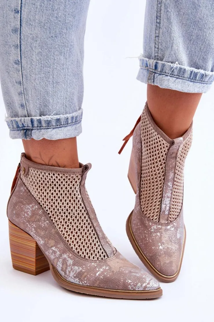 Damskie Maciejka Skórzane Botki Z Siateczką 05842-04 Beżowe