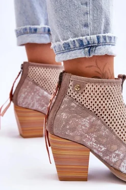 Damskie Maciejka Skórzane Botki Z Siateczką 05842-04 Beżowe