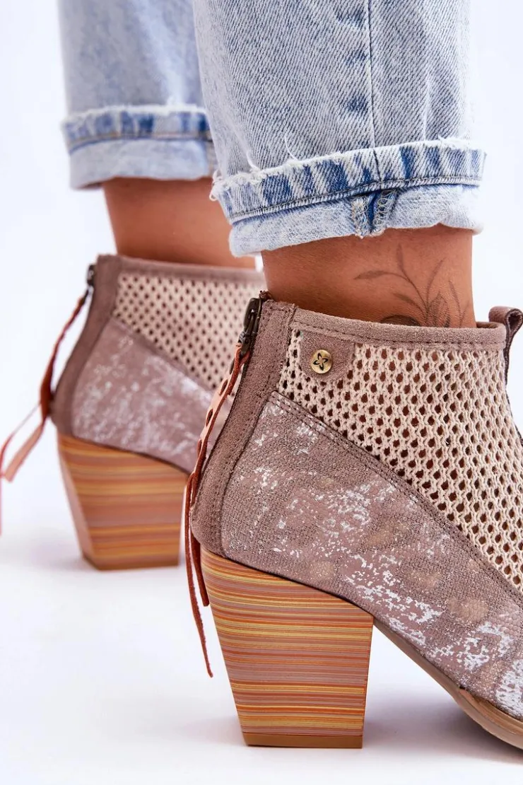 Damskie Maciejka Skórzane Botki Z Siateczką 05842-04 Beżowe