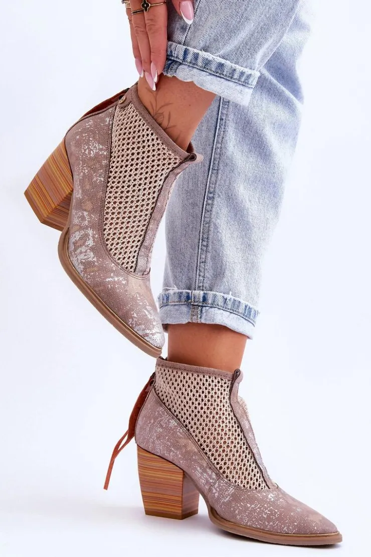 Damskie Maciejka Skórzane Botki Z Siateczką 05842-04 Beżowe