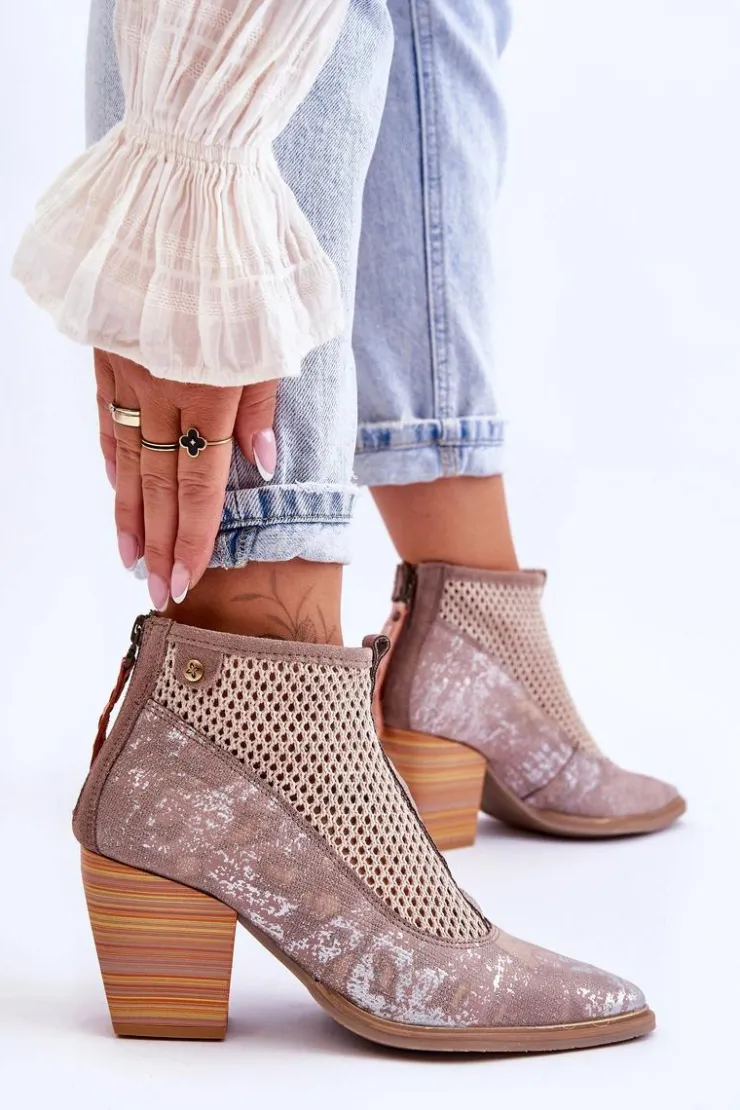 Damskie Maciejka Skórzane Botki Z Siateczką 05842-04 Beżowe