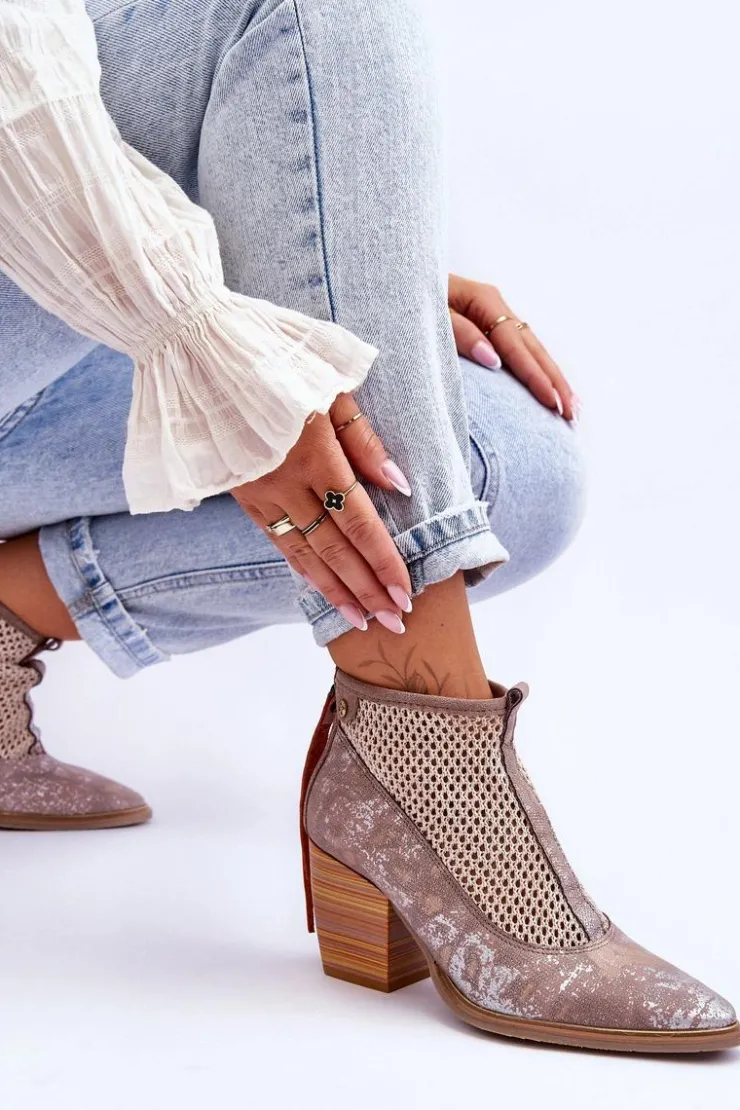 Damskie Maciejka Skórzane Botki Z Siateczką 05842-04 Beżowe