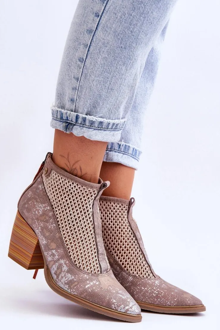 Damskie Maciejka Skórzane Botki Z Siateczką 05842-04 Beżowe