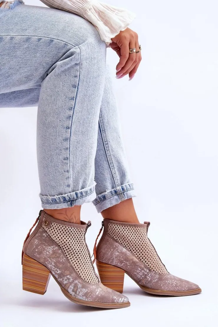 Damskie Maciejka Skórzane Botki Z Siateczką 05842-04 Beżowe