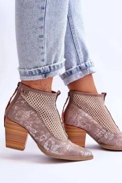 Damskie Maciejka Skórzane Botki Z Siateczką 05842-04 Beżowe