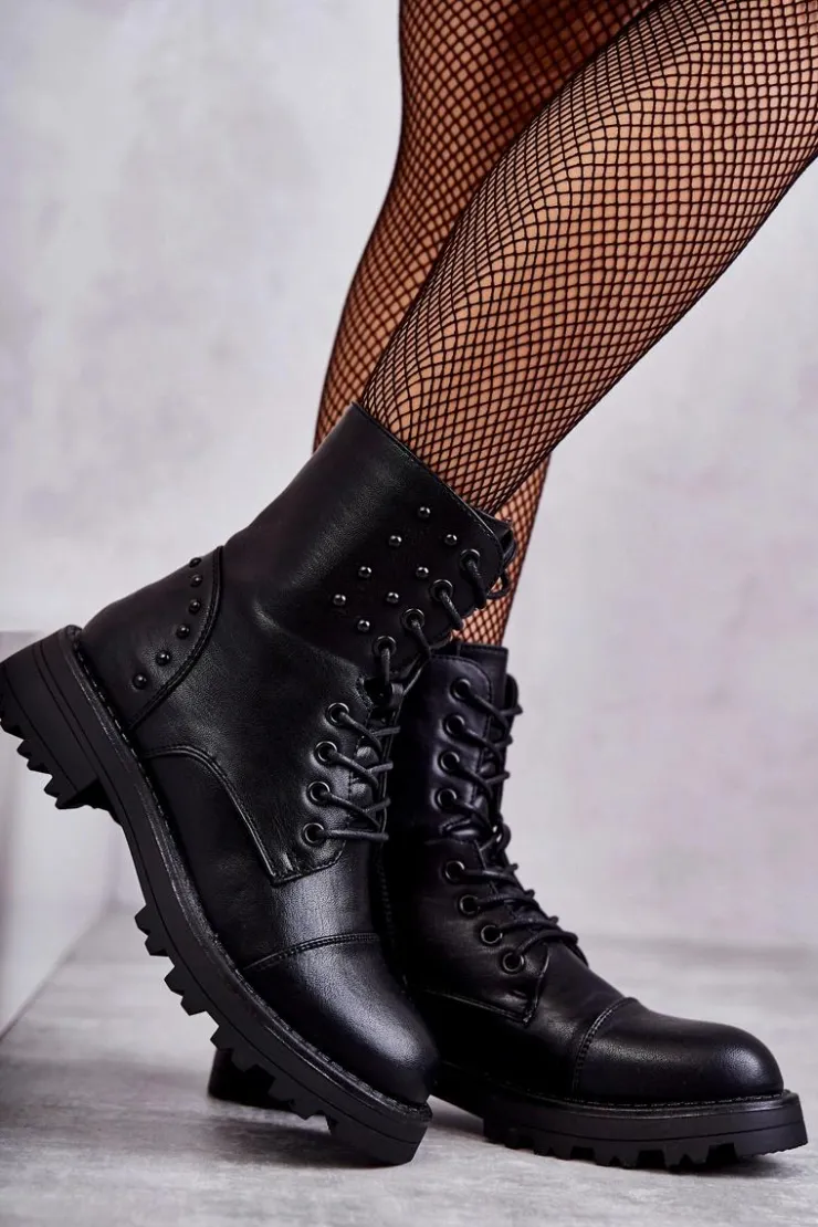 Boto Botki Sznurowane|Czarne Botki*Skórzane Botki Z Ćwiekami Czarne Palmira