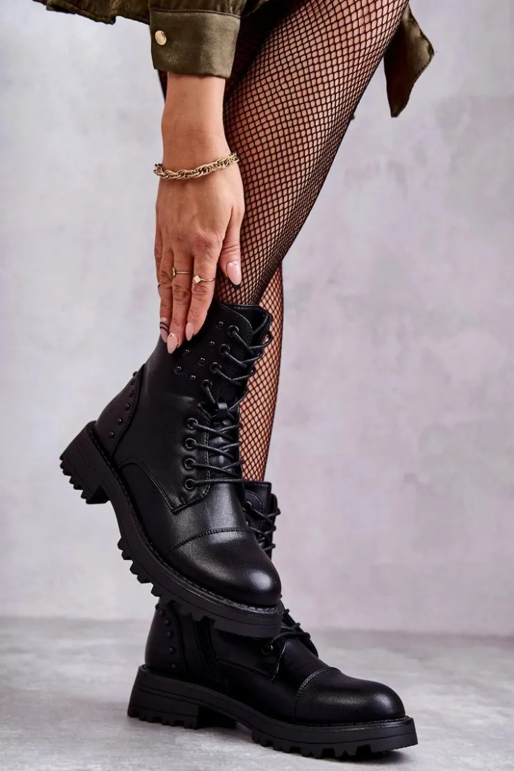 Boto Botki Sznurowane|Czarne Botki*Skórzane Botki Z Ćwiekami Czarne Palmira