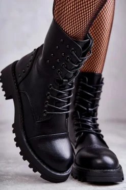 Boto Botki Sznurowane|Czarne Botki*Skórzane Botki Z Ćwiekami Czarne Palmira