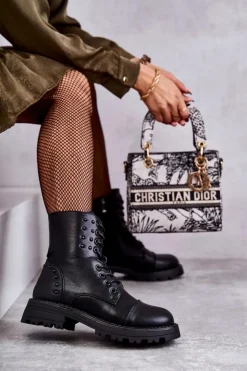 Boto Botki Sznurowane|Czarne Botki*Skórzane Botki Z Ćwiekami Czarne Palmira