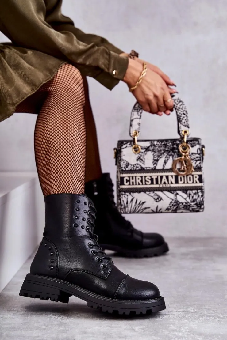 Boto Botki Sznurowane|Czarne Botki*Skórzane Botki Z Ćwiekami Czarne Palmira