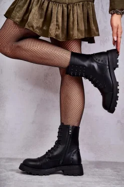 Boto Botki Sznurowane|Czarne Botki*Skórzane Botki Z Ćwiekami Czarne Palmira