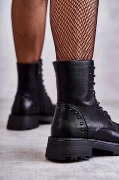 Boto Botki Sznurowane|Czarne Botki*Skórzane Botki Z Ćwiekami Czarne Palmira