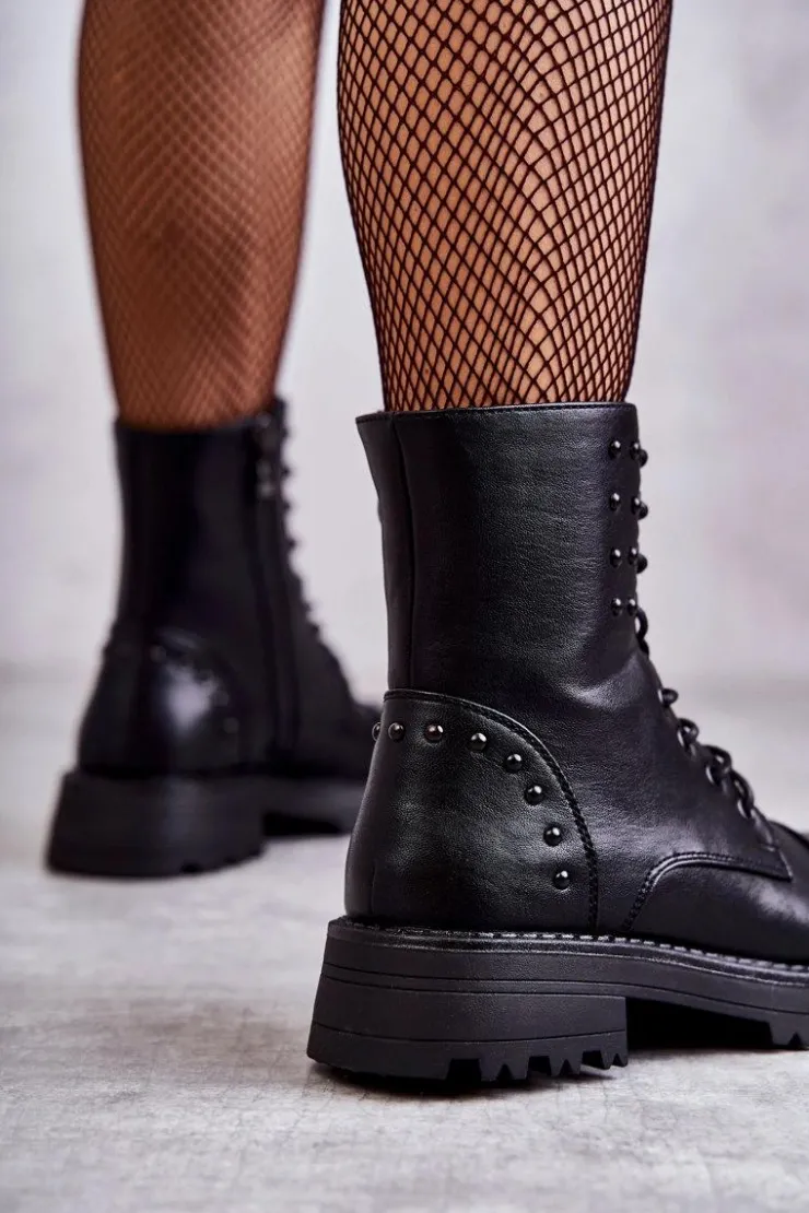 Boto Botki Sznurowane|Czarne Botki*Skórzane Botki Z Ćwiekami Czarne Palmira