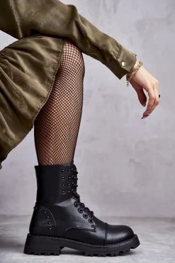 Boto Botki Sznurowane|Czarne Botki*Skórzane Botki Z Ćwiekami Czarne Palmira