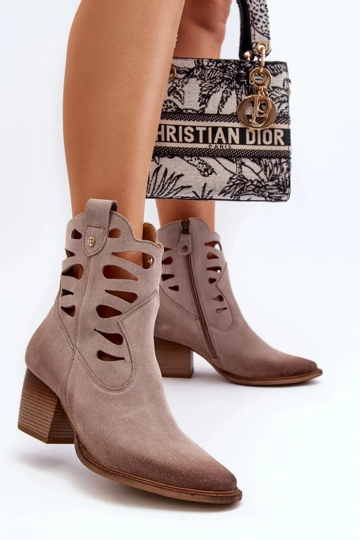 Best Maciejka Skórzane Botki Z Wycięciami 06412-04 Beżowe Beżowy