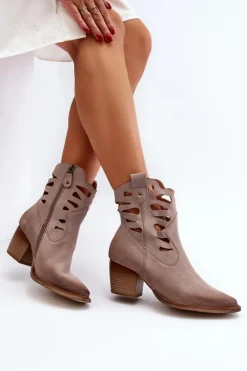 Best Maciejka Skórzane Botki Z Wycięciami 06412-04 Beżowe Beżowy