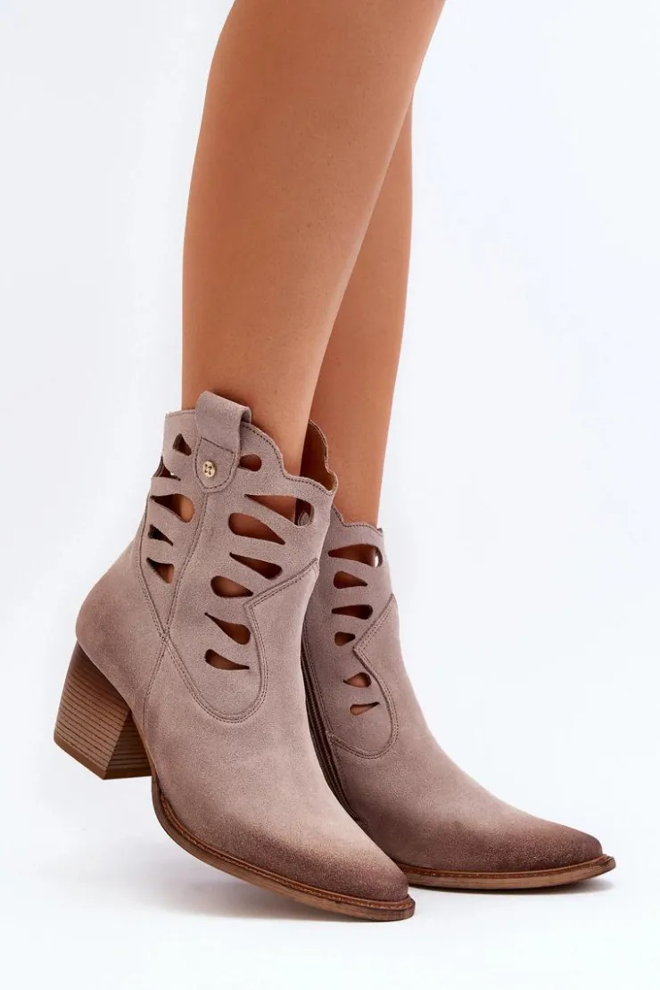 Best Maciejka Skórzane Botki Z Wycięciami 06412-04 Beżowe Beżowy