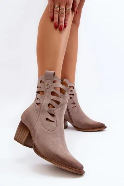 Best Maciejka Skórzane Botki Z Wycięciami 06412-04 Beżowe Beżowy