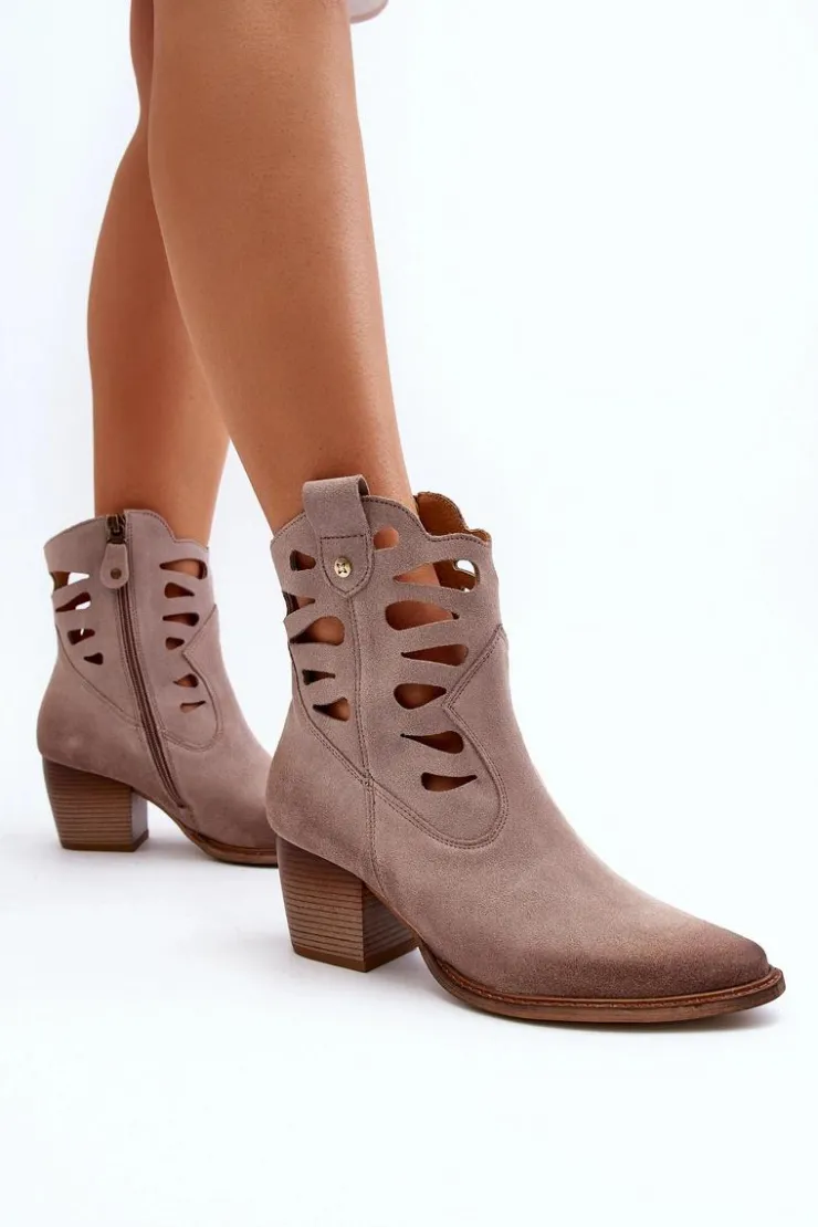 Best Maciejka Skórzane Botki Z Wycięciami 06412-04 Beżowe Beżowy