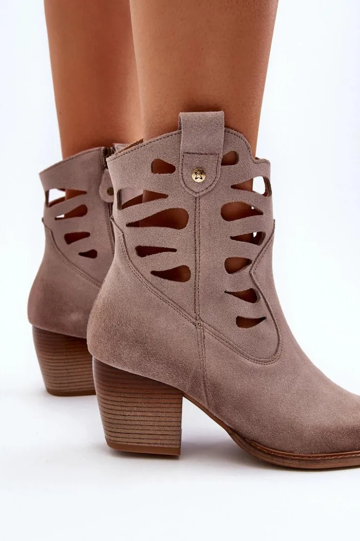 Best Maciejka Skórzane Botki Z Wycięciami 06412-04 Beżowe Beżowy