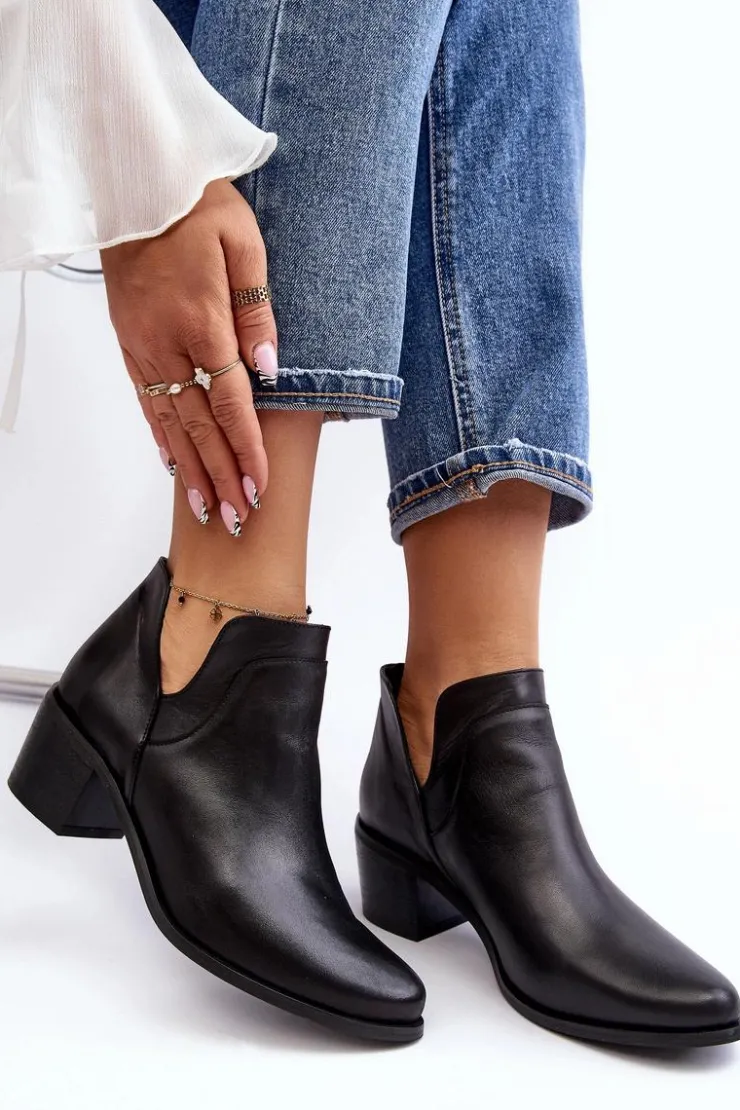Sale Boto Skórzane Botki Z Wycięciami Na Obcasie Czarne Dalros