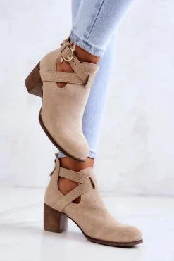 Boto Botki Wiosenne|Botki Na Słupku*Skórzane Botki Z Wycięciem Na Słupku Beżowe Lemar Axelle
