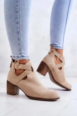 Boto Botki Wiosenne|Botki Na Słupku*Skórzane Botki Z Wycięciem Na Słupku Beżowe Lemar Axelle
