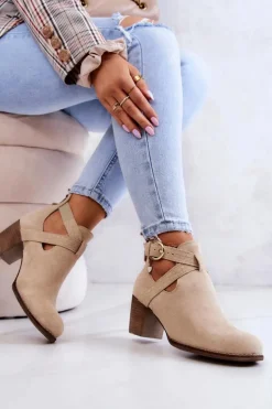 Boto Botki Wiosenne|Botki Na Słupku*Skórzane Botki Z Wycięciem Na Słupku Beżowe Lemar Axelle