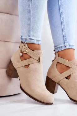 Boto Botki Wiosenne|Botki Na Słupku*Skórzane Botki Z Wycięciem Na Słupku Beżowe Lemar Axelle