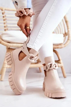 Damskie Boto Skórzane Botki Z Wycięciem Beżowe Karen