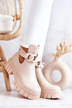 Damskie Boto Skórzane Botki Z Wycięciem Beżowe Karen