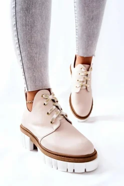 Boto Brązowe I Beżowe Botki|Botki Płaskie*Skórzane Botki Z Wycięciem Wiązane Beżowe Kaxo