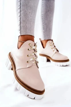 Boto Brązowe I Beżowe Botki|Botki Płaskie*Skórzane Botki Z Wycięciem Wiązane Beżowe Kaxo