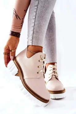 Boto Brązowe I Beżowe Botki|Botki Płaskie*Skórzane Botki Z Wycięciem Wiązane Beżowe Kaxo