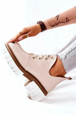 Boto Brązowe I Beżowe Botki|Botki Płaskie*Skórzane Botki Z Wycięciem Wiązane Beżowe Kaxo