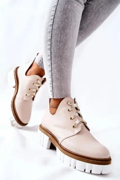 Boto Brązowe I Beżowe Botki|Botki Płaskie*Skórzane Botki Z Wycięciem Wiązane Beżowe Kaxo