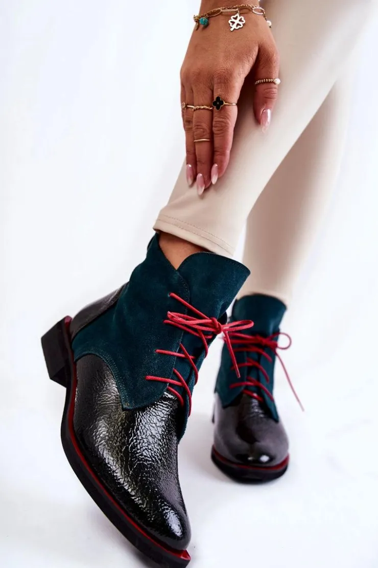 Damskie Boto Skórzane Botki Zielono-Czarne Cheyenne