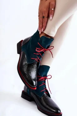 Damskie Boto Skórzane Botki Zielono-Czarne Cheyenne