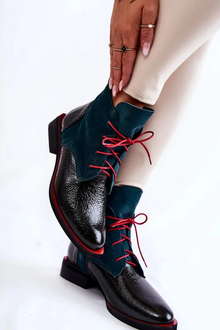 Damskie Boto Skórzane Botki Zielono-Czarne Cheyenne